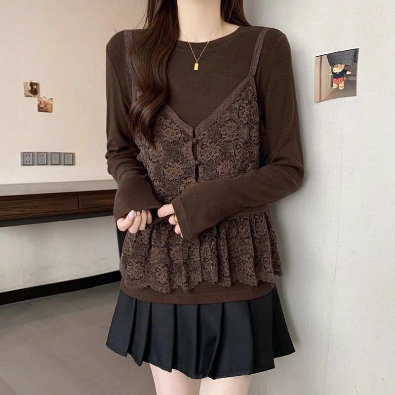 Lace Camisole Faux Two-Piece Top, Loose Fit, Tummy-Concealing, Plus-Size Women's Clothing, Autumn Style, Slimming Blouse, Simple and Suitable for Commuting