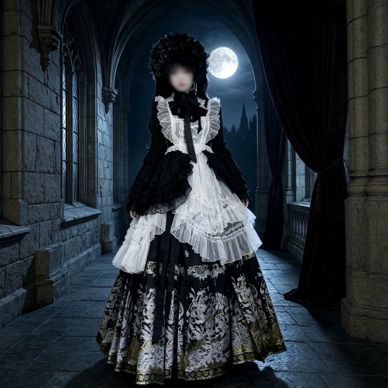 Original Chinese-Gangnamese fusion gothic dark style Hanfu with pipa sleeves, horse-face skirt, everyday Lolita style, spring and autumn stand-up collar set Original Chinese-Gangnamese fusion gothic dark style Hanfu with pipa sleeves, horse-face skirt, everyday Lolita style, spring and autumn stand-up collar set