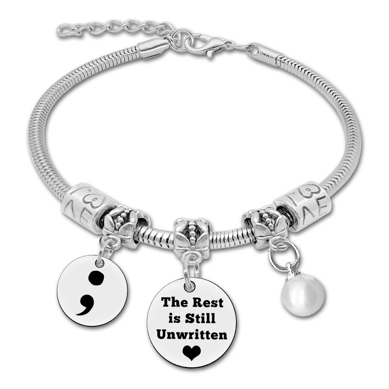 Stainless Steel Round Disc Bracelet Promoting Mental Health, Pearl Pendant, Love Semicolon Bracelet, Round Disc Semicolon Bracelet