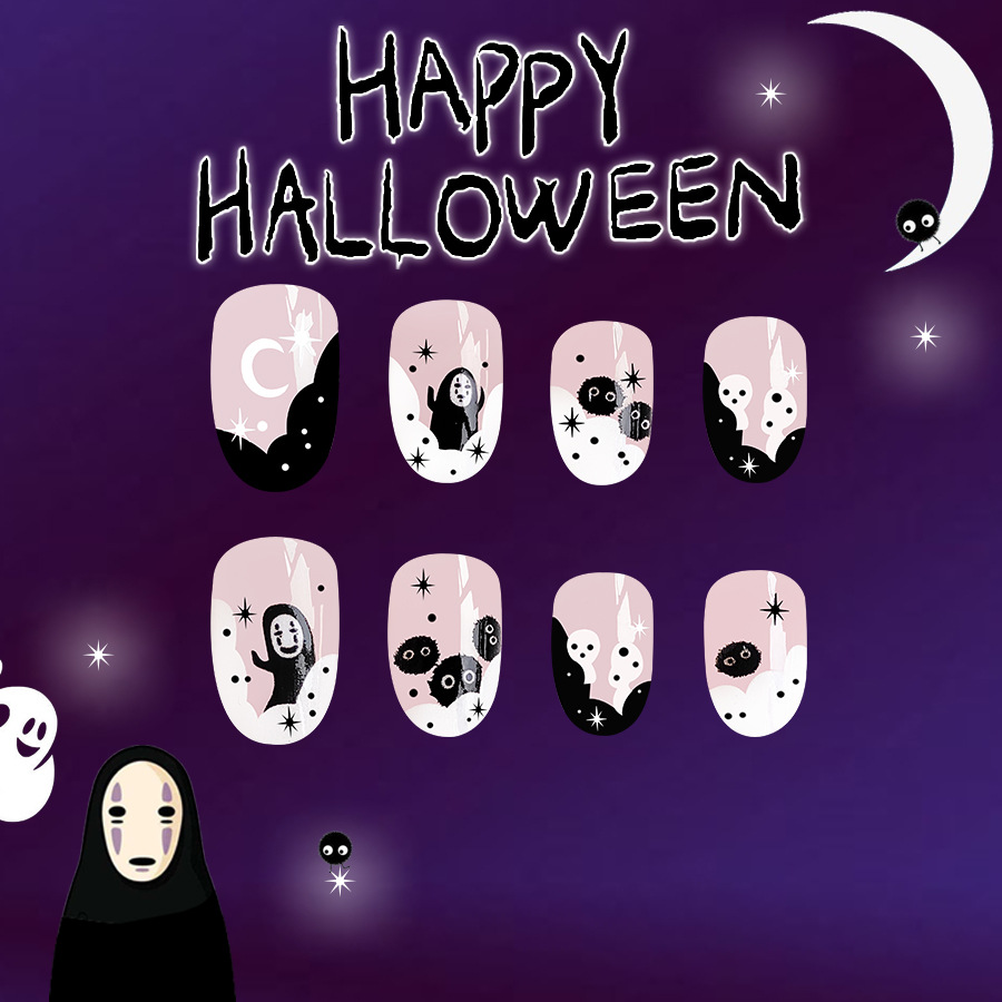 Short Glow Face Halloween Cute Black Coal Ball Weird Ghost Faceless Men's 20.24 million Holy Festival Nail Art New 24 Pieces_voghion.com