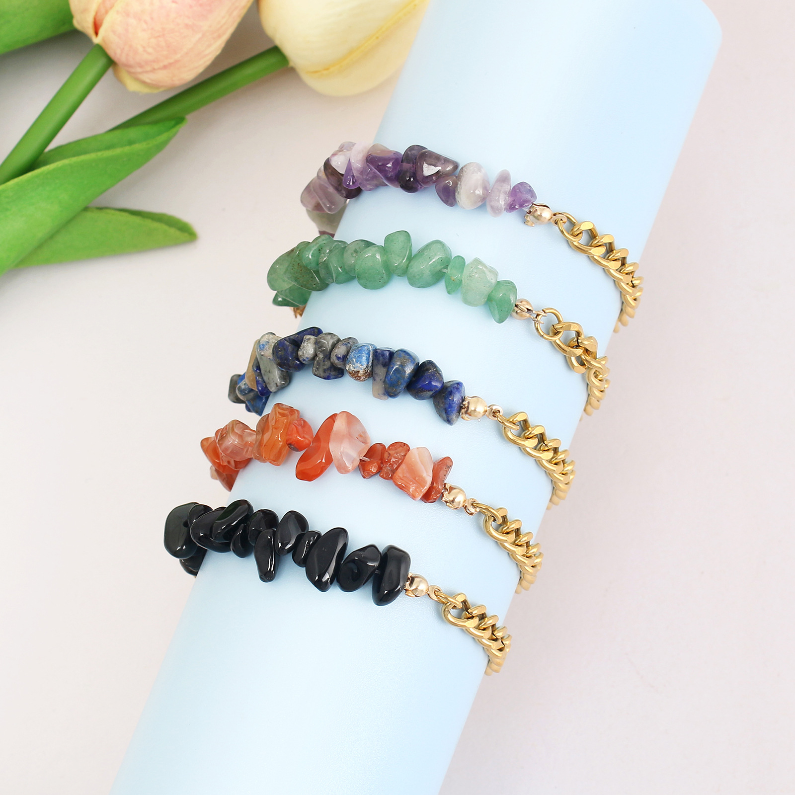 European and American summer holiday new natural stone crystal gravel gold stainless steel double spell bracelet women's jewelry wholesale