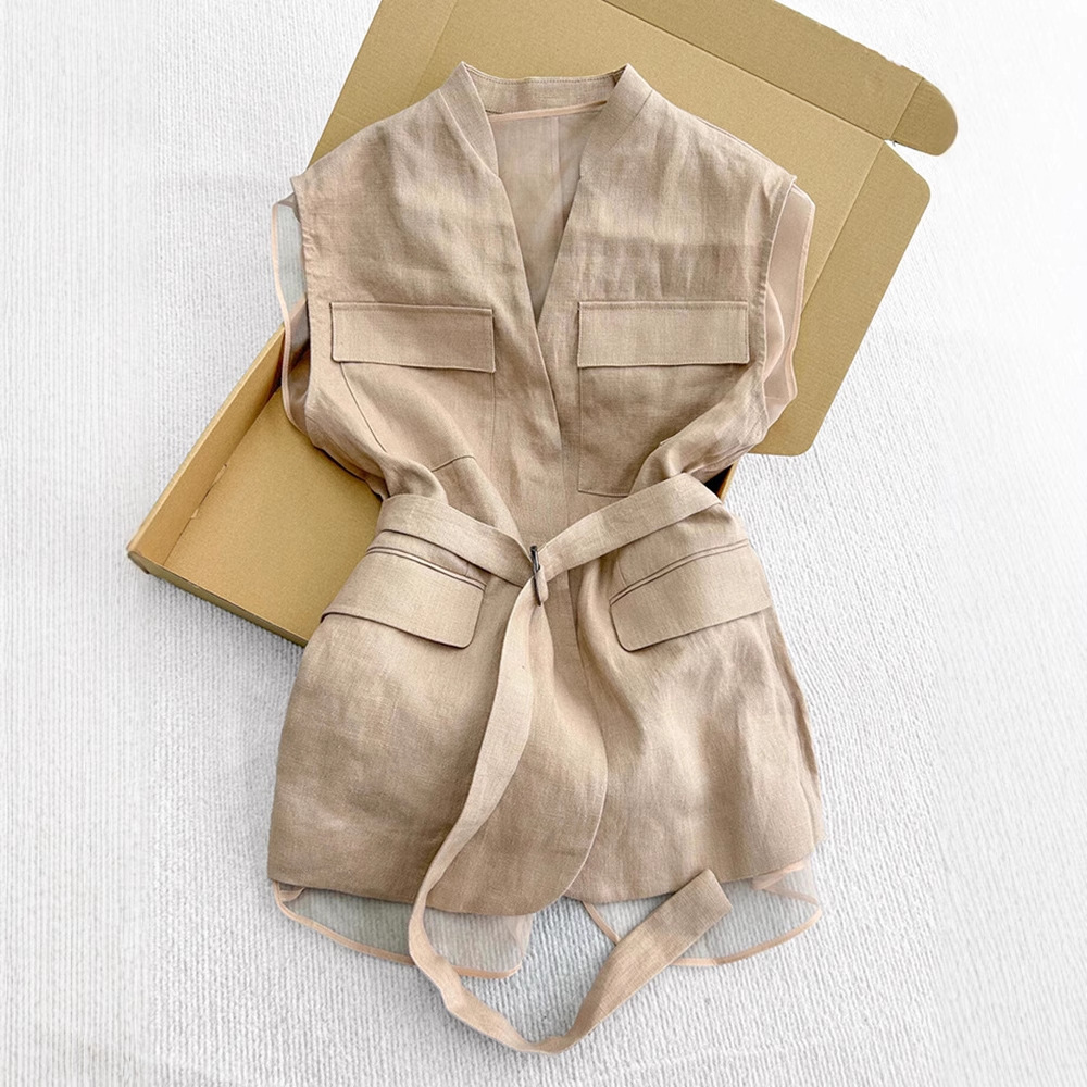 Customized French Khaki V Neck Belt Sleeveless Vest for Women Summer New Fashionable Commuter Vest