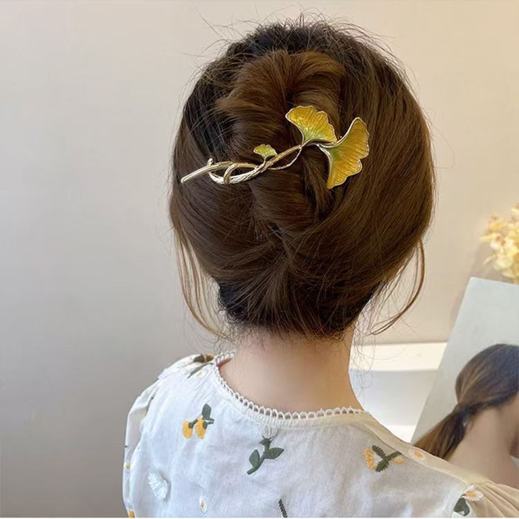新款水钻银杏叶女盘发一字夹子气质扭扭发夹后脑勺日韩发卡头饰