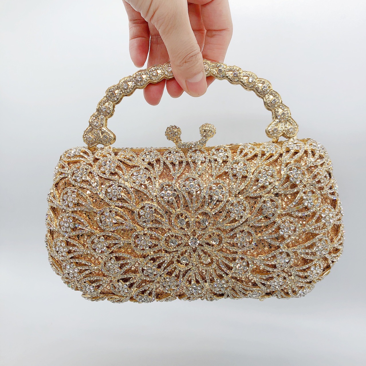Túi clutch nữ đính kim cương hoa đuôi phượng xách tay dạ tiệc — Nền vàng kim cương trắng, Màu bạc, Cá tính đặt làm chi tiết 1