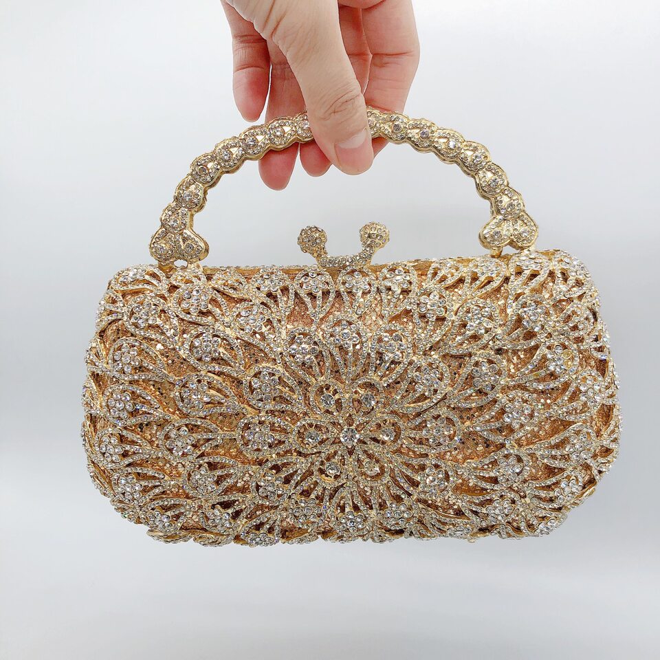 Túi clutch nữ đính kim cương hoa đuôi phượng xách tay dạ tiệc — Nền vàng kim cương trắng, Màu bạc, Cá tính đặt làm chi tiết 1