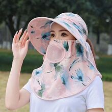 新款夏季女大檐防风遮脸太阳帽骑车遮阳帽时尚印花透气采茶帽布帽
