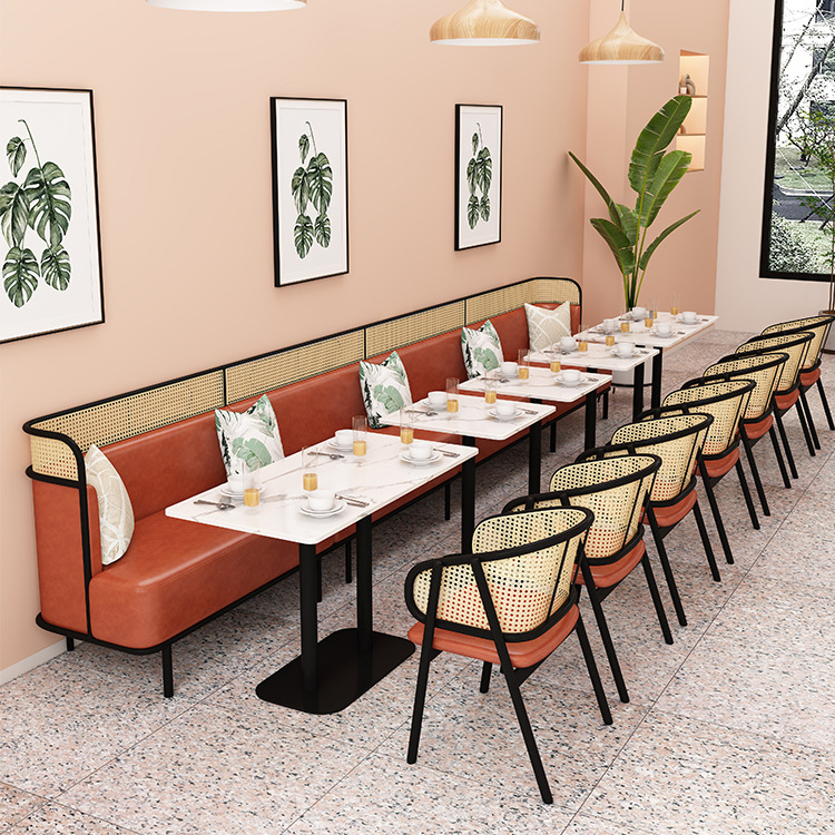 Café contra la pared sofá de hierro forjado mesas y sillas combinaciones de mesa de mármol restaurante sillas de vidano personalizadas