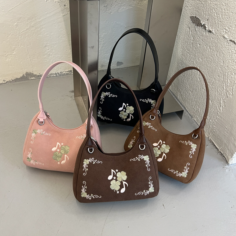 Retro musical note embroidered literary-style women's handbag, 2026 autumn/winter new collection, fresh tote bag, versatile for commuting, shoulder or underarm bag