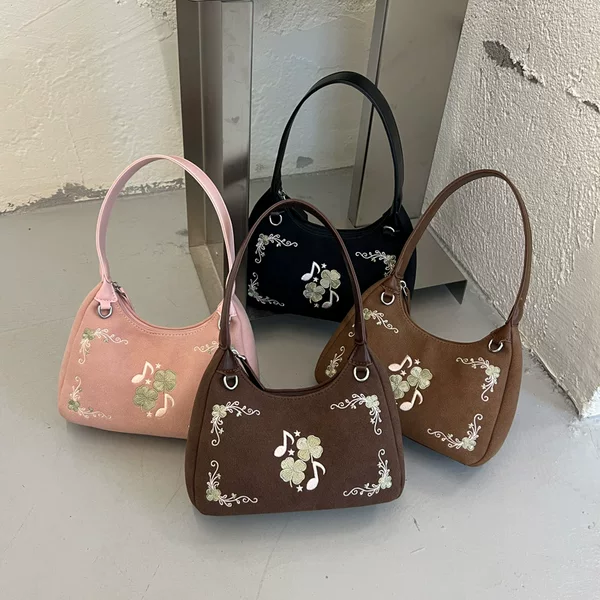 Retro musical note embroidered literary-style women's handbag, 2026 autumn/winter new collection, fresh tote bag, versatile for commuting, shoulder or underarm bag