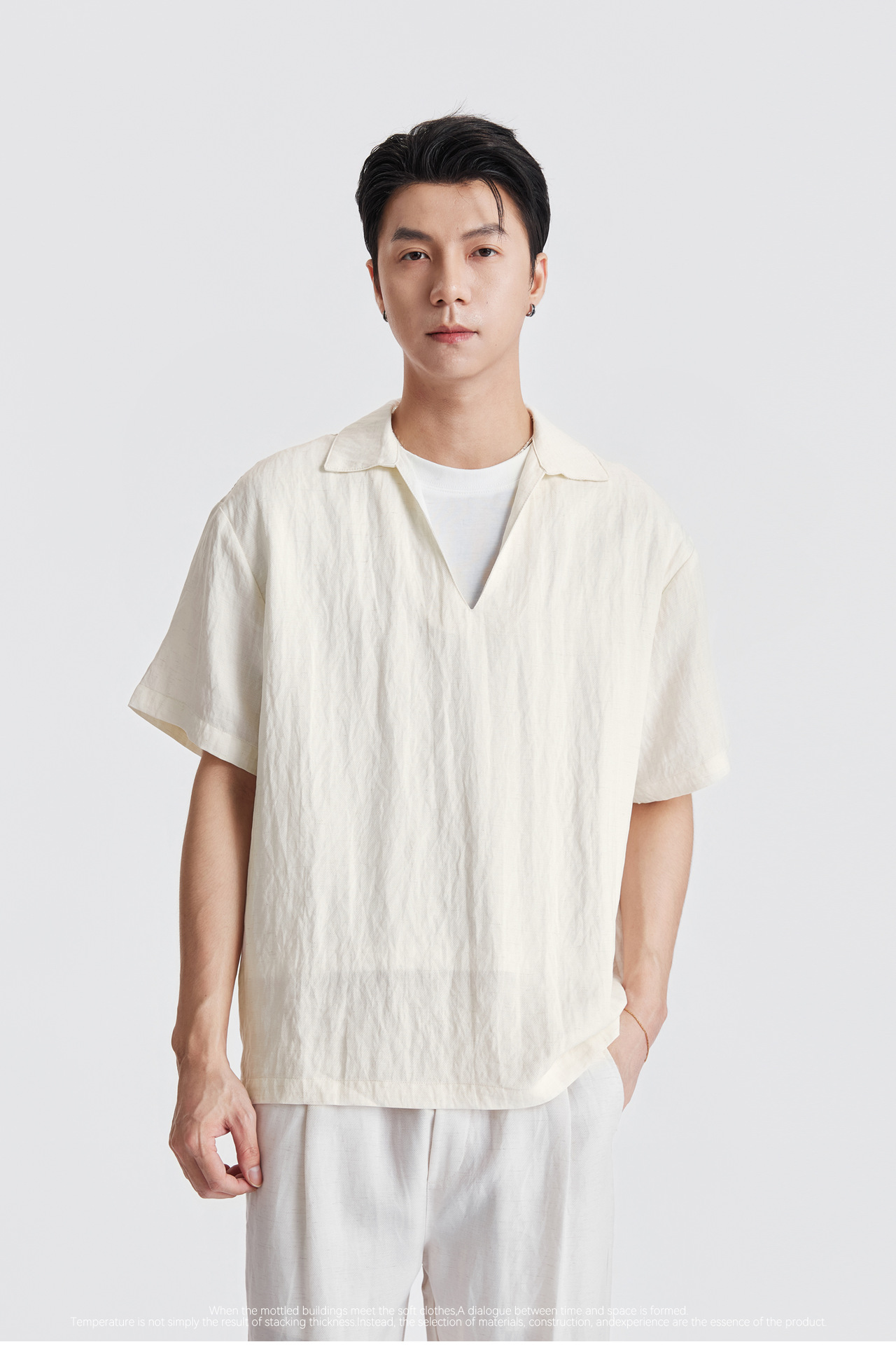 Áo sơ mi nam ngắn tay chất liệu Lyocell phối hai lớp cổ điển, phong cách old money — Xanh navy chi tiết 2