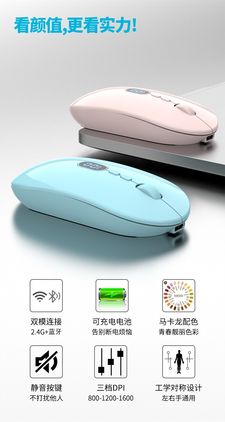 Sınır ötesi yeni kablosuz Bluetooth mouse, şarj edilebilir, sessiz, güç göstergeli, kızlar, iş, bilgisayar ve ofis kullanımı için uygun.