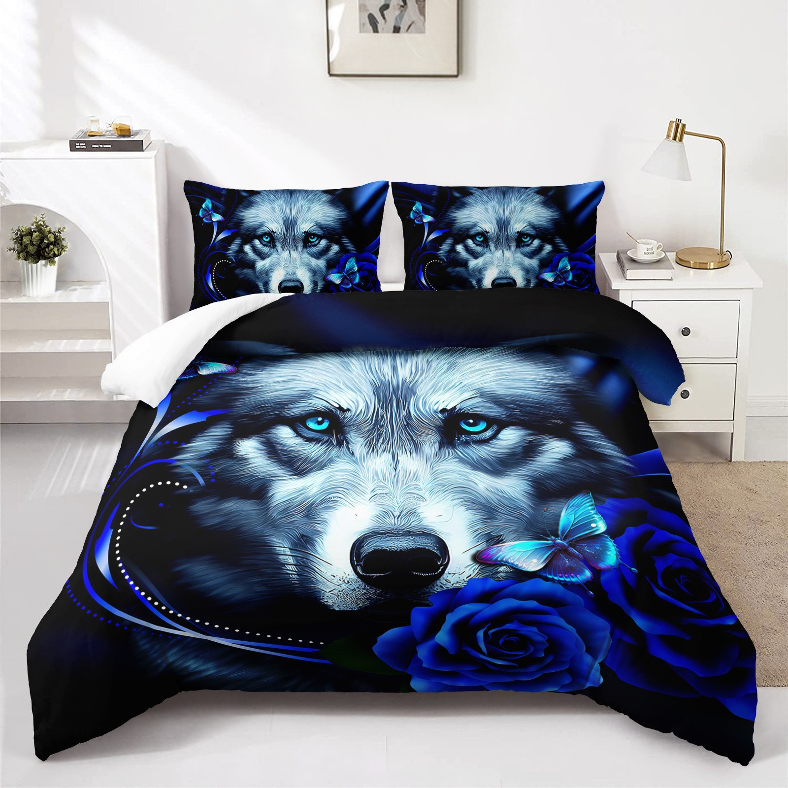 TEMU / JIT transfronterizo impresión digital abrasión edredón kit tridimensional animal lobo blanco estilo textil para el hogar dibujo puede hacer