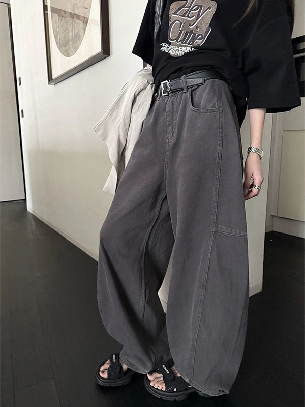 炒色工艺灰色香蕉牛仔裤女宽松显瘦高腰春秋新款阔腿裤休闲长裤|undefined