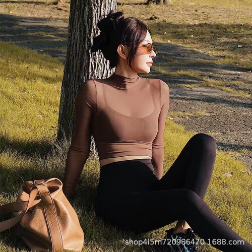 One-piece Fixed Bralette False Two-Piece Long Sleeve Mesh Fitness Yoga Set Top Autumn and Winter Sports Clothing Set