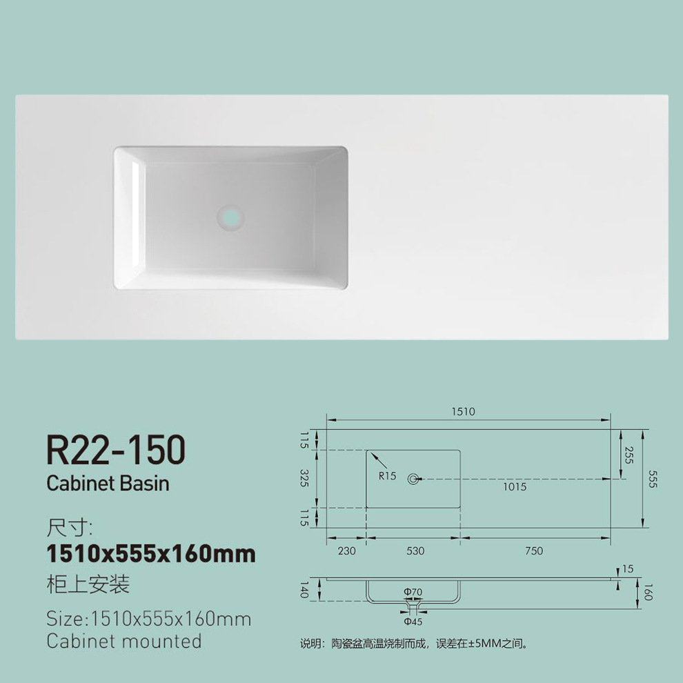 Lavabo de borde fino brillante, lavabo individual, lavabo integrado de cerámica, lavabo con sensación de piel, las esquinas del lavabo sobre encimera del baño se pueden cortar