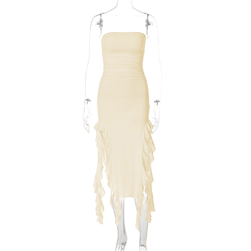 Wholesale Women's Sexy Lettuce Trim Solid Color Banquet Daily Bar Strapless Sleeveless Sheath Dress display picture 62