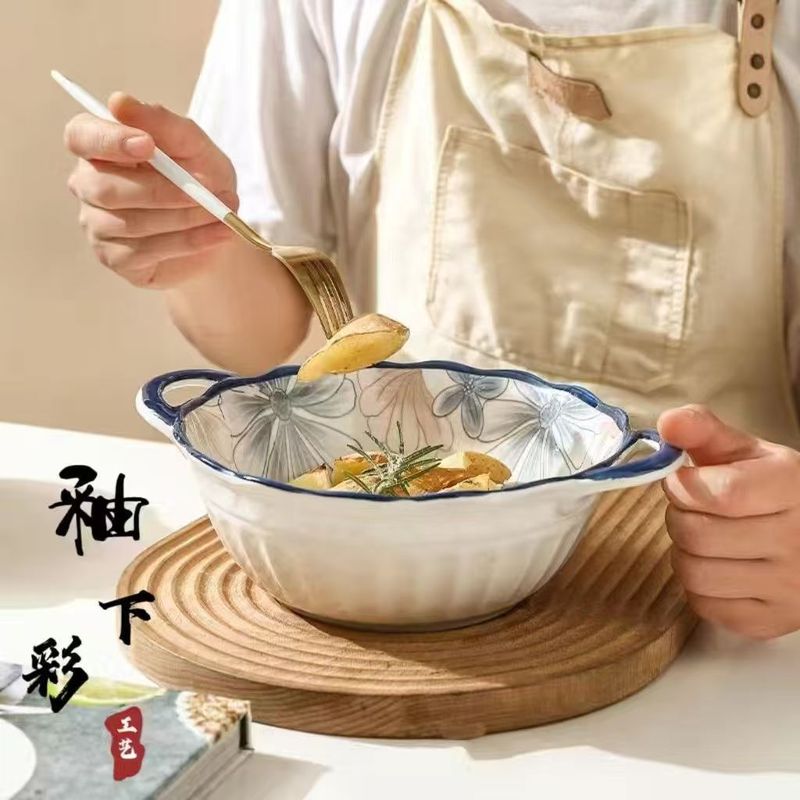 高颜值网红爆款大汤碗双耳汤碗浮花边家用家庭釉下彩拉面碗不烫手|undefined