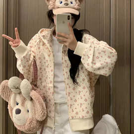 韩系甜美复古小碎花满印开衫连帽卫衣女2024春秋新款宽松拉链外套