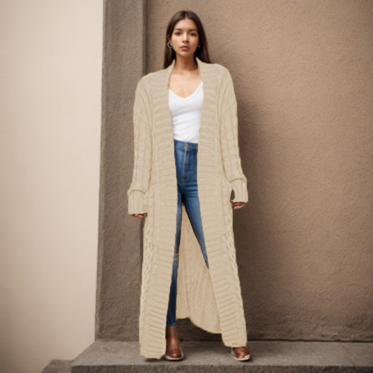 Damen-Strickjacke mit langen Ärmeln, einfarbig, langer Pullover, dicker Mantel_voghion.com