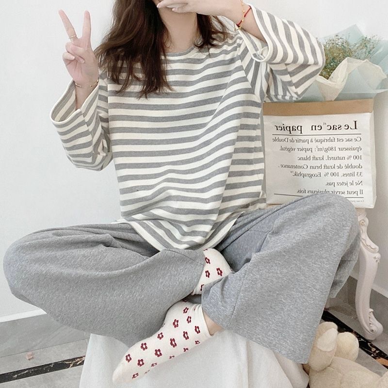 ストライプの長袖のズボンのパジャマの女性の春秋のシンプルなカジュアルなゆったりとした学生の部屋の服は外で胸当てを着ることができます。|undefined