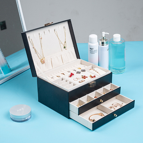 Large Capacity Three-Layer New Diamond Pattern Necklace Earring Lockable Luxury Jewelry Drawer Storage Box