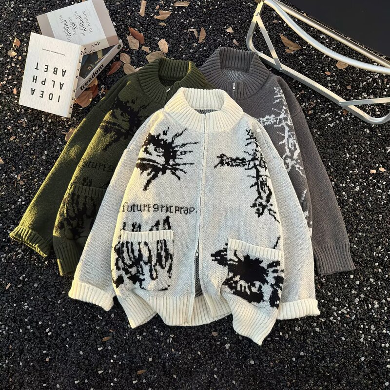 Gr Gilkak Da Vinci Manuscript Knitted Cardigan Sweater Men and Women Lazy Style Couple Tops Jacket Autumn and Winter Men