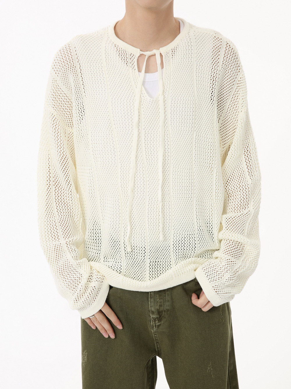 MTLCLOTHES Hombres| 2024 otoño nuevos productos coreanos perezosos sueltos agujeros delgados camisa de punto de manga larga moda