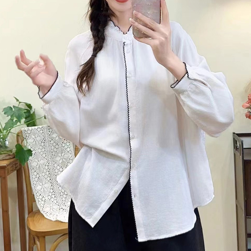 领双层棉纱时尚休闲长袖T恤女春秋新款宽松麻衬衫开衫上|undefined