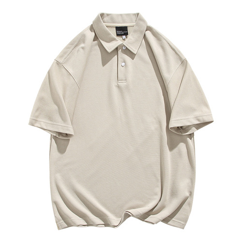 American casual heavy-duty polo shirts for men, loose short-sleeve stand-up collar T-shirts, dropped shoulders, solid color, versatile men's summer clothing
