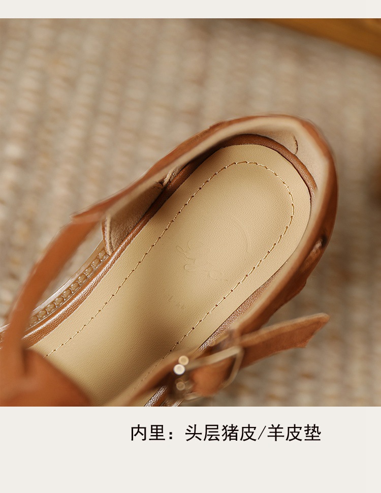 Sandal bít mũi da cừu phong cách La Mã quai chữ T dệt cho nữ — Màu caramel chi tiết 8