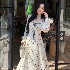 时光圆舞曲法式温柔气质风优雅波点蕾丝拼接连衣裙长款早秋季裙子