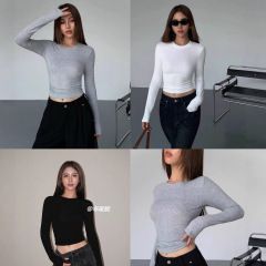 欧美跨境女装纯色修身长袖显瘦T恤女百搭辣妹穿搭打底上衣外贸