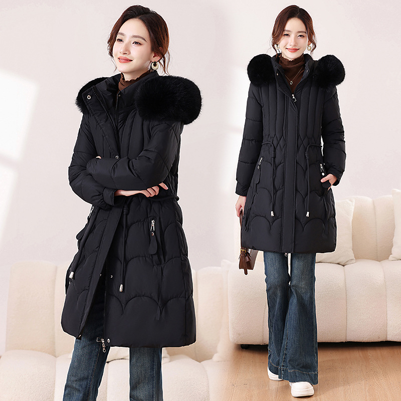 25 ropa de algodón delgada y gruesa de estilo largo y medio, abrigo de comercio exterior de mujeres, cuello de pelo grande desmontable, chaqueta de algodón cálida, pluma de algodón