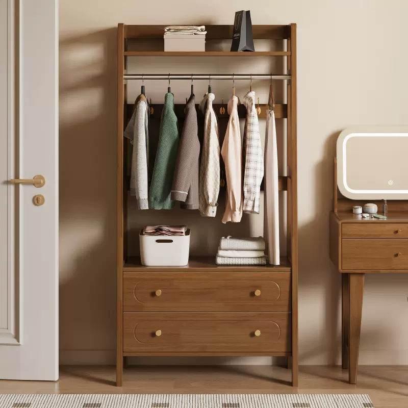 中式实木落地衣帽架多功能挂衣服架一体收纳储物架子带抽屉置物架
