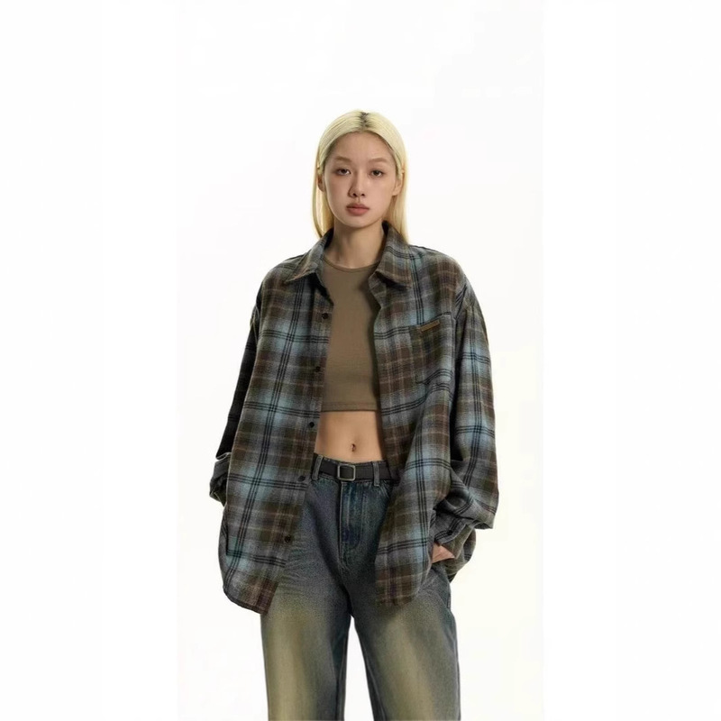 American Style Retro Sanding Plaid Long-sleeved Shirt for Men and Women Spring and Autumn New Niche Lazy Style Couples Shirt Trend