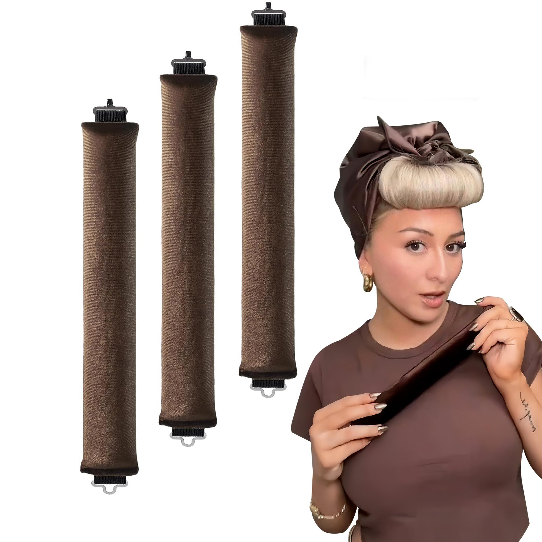 3 rubber curling irons with hooks, no-heat curling wand, large wave curling tool, sleep curling sleeve