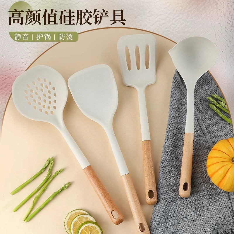 Пищевая силиконовая лопатка с деревянной ручкой, набор для кухни с дуршлагом, термостойкая, антипригарная посуда