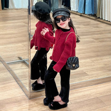女童韩版秋冬安哥拉红马海毛毛球毛衣搭配加厚奥利绒内里喇叭裤