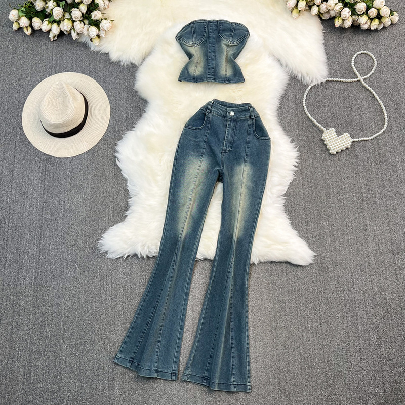 Strict selection fashion suit women's hot girl tube top Denim top two-piece casual high waist slim Micro flared pants casual