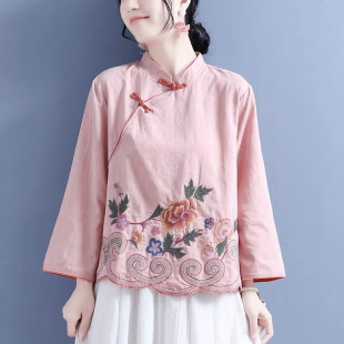 2025 Early Autumn New Cotton and Linen Peony Pattern Embroidered Stand Collar Oblique Placket Buttoned Long-Sleeved Top Women's Chinese Style Shirt