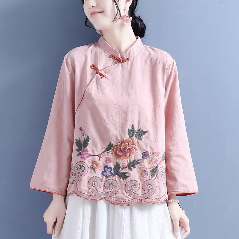 2026早秋新款棉麻牡丹卷纹刺绣立领斜襟盘扣长袖上衣女中国风衬衫