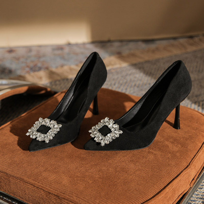 X110-A20 Korean style pointed high heels women's stiletto heel new fashion all-match square buckle Rhinestone Wedding shoes low-cut single-layer shoes