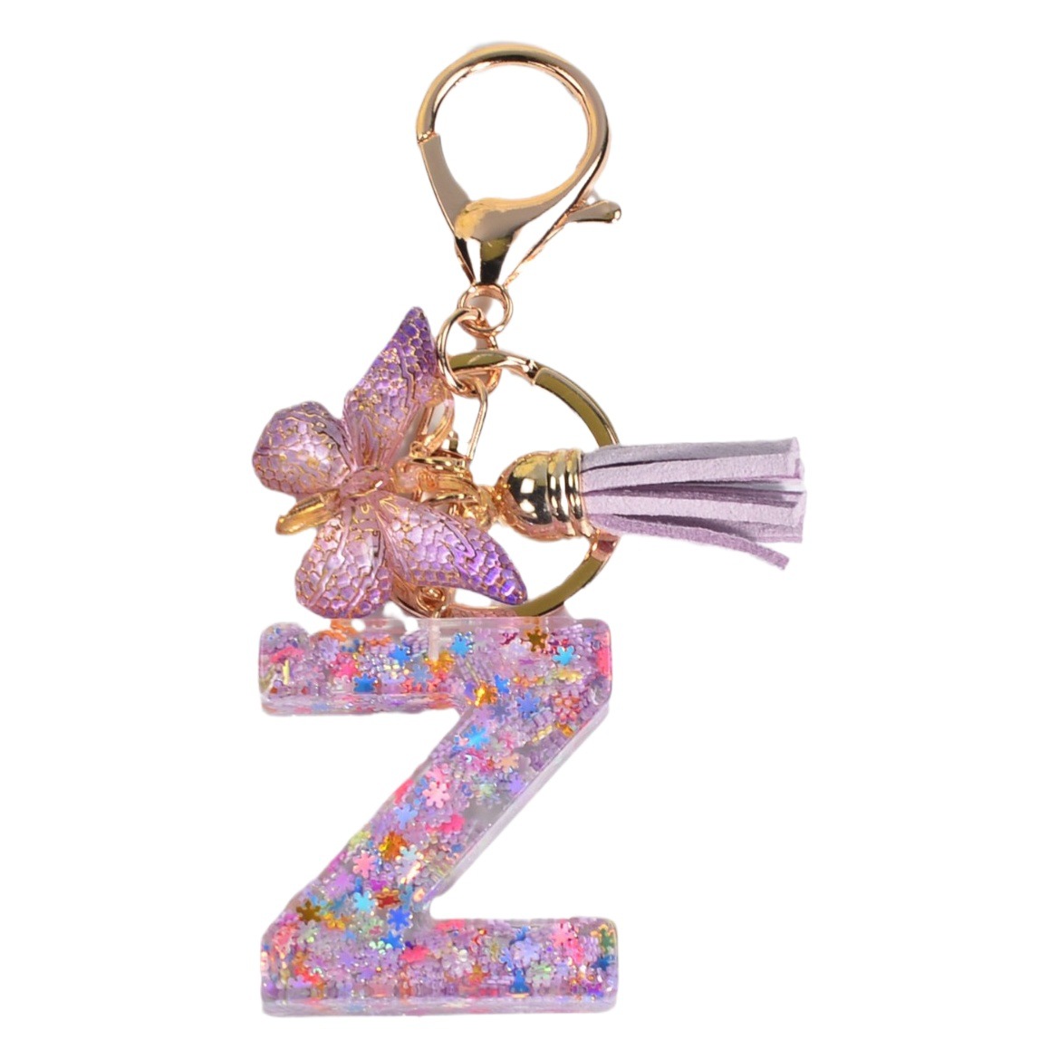 Nuevo copo de nieve carta resina epoxi carta llavero bolso la manera las mujeres 26 inglés borla mariposa colgante