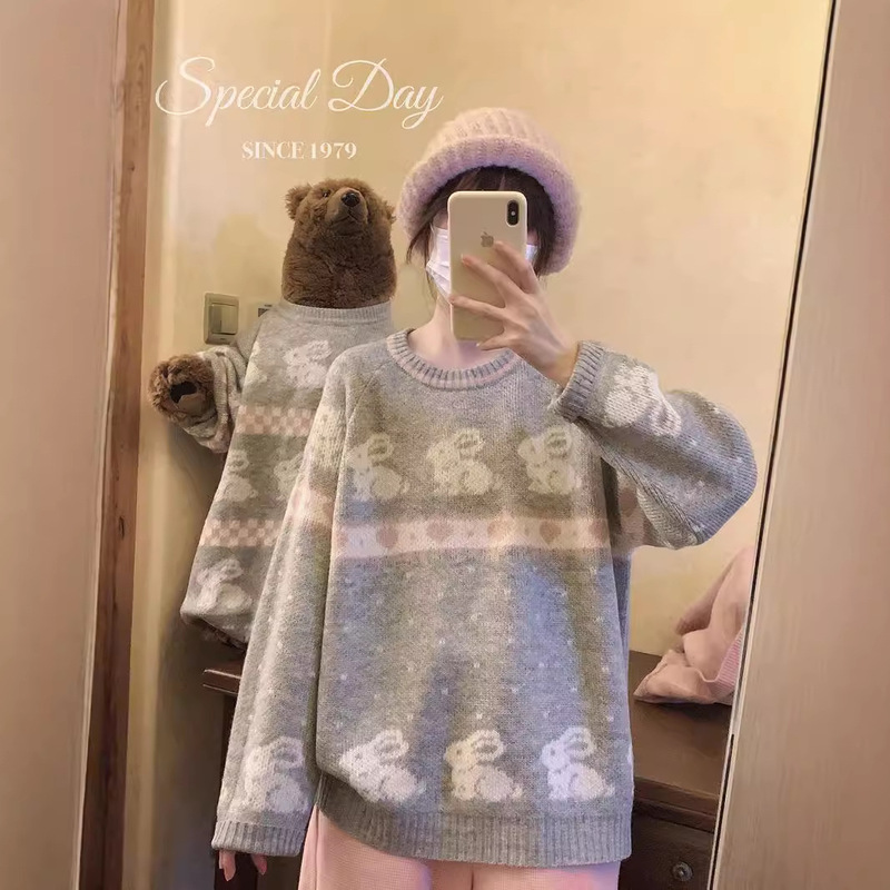 Grey Powder Color Matching Jacquard Bunny Love Checkerboard Childish Girl's Raglan Sleeve Loose Knitted Pullover Sweater