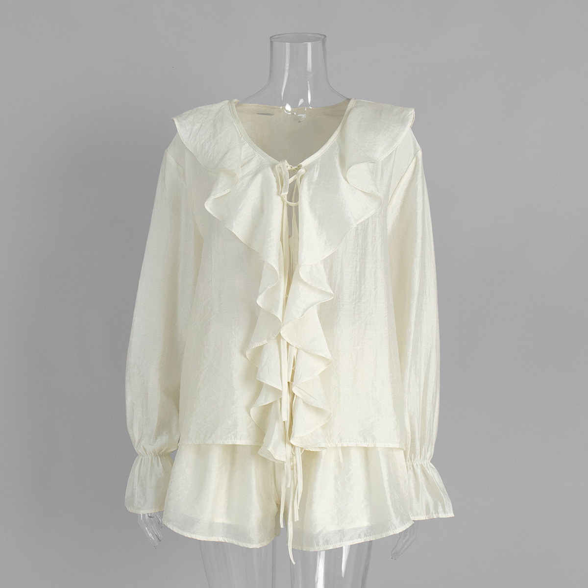Women's French V Neck Ruffled Shirt And Shorts Set European American Style Summer Tie Front Clothing_ecoleips.com