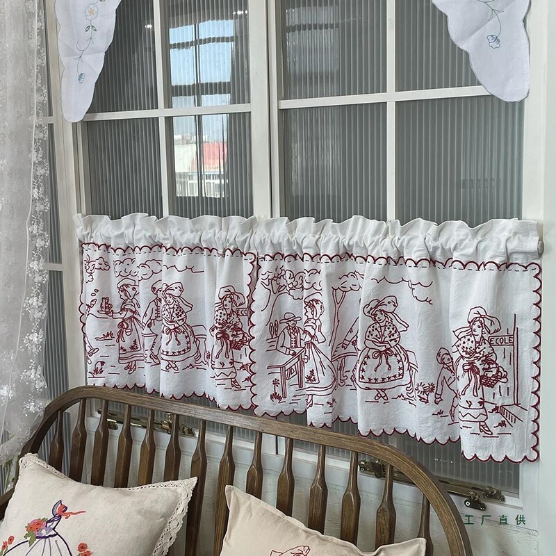 French-Style Newlywed Vintage Girl Series Red Embroidery Life Trilogy Sand-Washed Cotton and Linen Embroidered Curtain Half Curtain Door Curtain