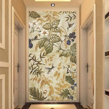 美式入户玄关装饰壁画竖版复古花鸟走廊过道楼梯墙面壁纸墙纸墙布