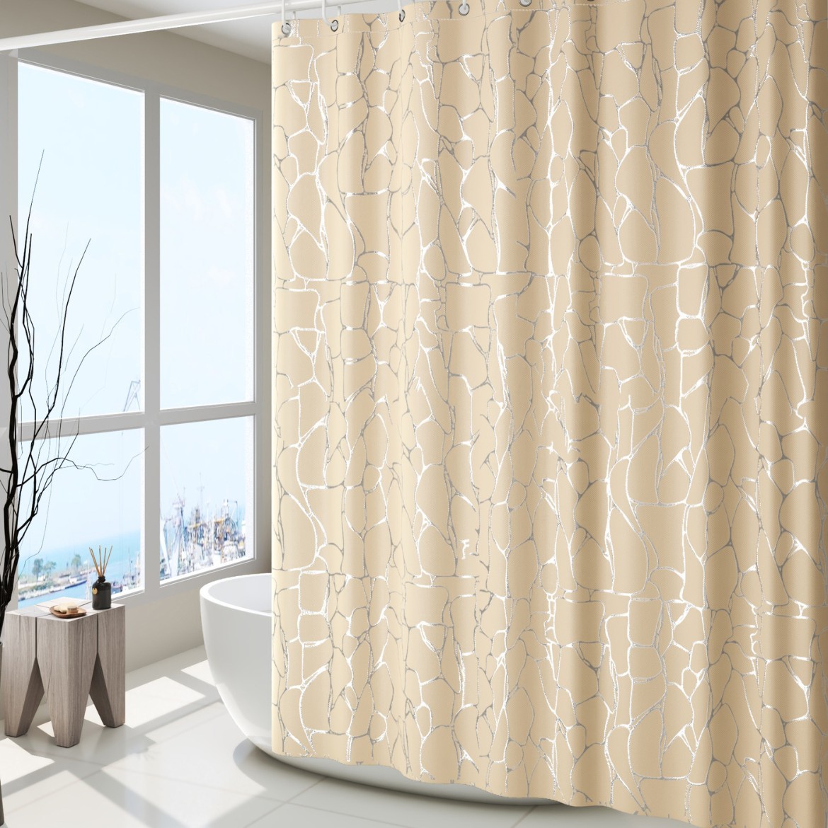 Rusia venta caliente de lujo ligero de alto nivel estampado de oro y plata estampado cortina de baño impermeable cortina de partición de baño cortina de baño sin perforación cortina de baño