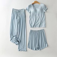带胸垫莫代尔睡衣女套装夏条纹薄款大码免文胸可外穿家居服三件套