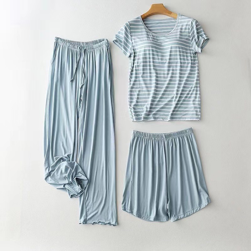 带胸垫莫代尔睡衣女套装夏条纹薄款大码免文胸可外穿家居服三件套